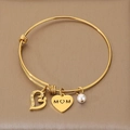 Elegant adjustable stainless steel gold bangle with MOM heart charm and white pearl - Rhinestone Hollow Love Heart Style (KB203622-Z) / 1 Piece / Gold