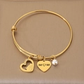 Elegant adjustable gold stainless steel bangle with heart charms and white pearl - Micro-Set Rhinestone Family Silhouette Heart Style (KB203624-Z) / 1 Piece / Gold