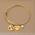 Gold plated stainless steel adjustable bangle with MOM heart charm and pearl drop - Mother and Child Kiss Silhouette Rhinestone Heart Style (KB203625-Z) / 1 Piece / Gold