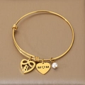 Gold-plated stainless steel adjustable bangle with heart MOM charm and white pearl - Family Holding Bouquet Hollow Rhinestone Heart Style (KB203636-Z) / 1 Piece / Gold
