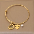 Gold adjustable heart charm bangle with MOM engraving and pearl for Mother's Day - Hollow Mother Hugging Child Silhouette Style (KB203638-Z) / 1 Piece / Gold