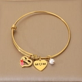 Elegant gold-plated adjustable stainless steel heart charm bangle featuring MOM and pearl - Red Heart Mama Style (KB203660-Z)