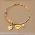 Gold-tone adjustable stainless steel heart bracelet with pearl and MOM charms for women - Inlaid MOM Letters Rhinestone Heart Style (KB203661-Z) / 1 Piece / Gold