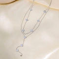 Double-layered silver stainless steel heart necklace with tassel Y-pendant style - Double Heart Tassel Style (H1110) / Steel