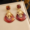 Vintage amber resin earrings with gold starburst metal accents and square studs - Geometric Hollow Sun Style (E6292)
