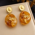 Vintage gold sun and moon earrings with amber resin flower drop pendant - Star Moon Amber Flower Style (E6283)