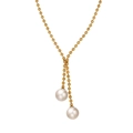 Elegant Y-shaped gold bead chain necklace with dual round white pearl pendants - Pearl Tassel Style (H1335) / Gold
