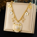Collier en perles dorées avec pendentifs étoile, croix et marbre sur boîte cadeau - Collier Rond Texture Marbre Croix Lune Étoile (N4133)