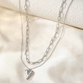 Silver double layer necklace with heart pendant and trendy paperclip chain links - Paperclip And Heart Layer Style (H1148) / Steel