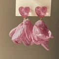 Detailed macro view of pink heart stud earrings with soft fabric flower petal tassels. - Pink Heart Fabric Petal Style (14# Silver Pin)