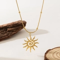 18K gold plated stainless steel sunburst spiral pendant necklace with a beaded snake chain - Spiral Sun Necklace (QYH1242) / Gold