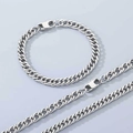 Conjunto de collar y pulsera de cadena cubana de acero inoxidable pulido plata - Cadena de Eslabones (Estilo Cierre de Barra) / Pulsera de 6.5mm/20cm