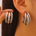 Modern minimalist silver multi-layer geometric hoop earrings with twisted metal design - White K 7674