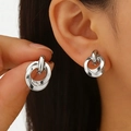 Minimalist silver interlocking double circle drop earrings with a polished metal finish - Bright Silver 7616