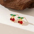 Parure de bijoux cerise en acier inoxydable avec zircons rouges et finition dorée - Boucles d'Oreilles Cerise Dorées (QY8244)
