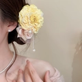 Eleganter gelber und rosa Blumen-Haarclip mit Perlenquasten für romantische Frisuren - 56# Entenschnabel-Clip - Perlenquasten-Stil / Einzelstück / Gelb-Rosa
