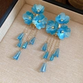 Detailed macro view of elegant blue floral cluster earrings with hanging tassel beads - 45# Silver Post Painted Metal Glass Flower Tassel Earrings