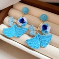 Exquisite blue woven flower petal earrings with silver needles in elegant resort style - 46# Silver Post Raffia Flower Ginkgo Leaf Pendant Earrings