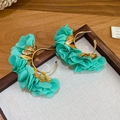 Turquoise fabric flower petal hoop earrings with golden leaves and s925 silver needles - 47# Silver Post Metal Chiffon C-Shape Flower Stud Earrings