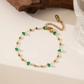 Gold stainless steel chain bracelet featuring emerald green crystal beads and square accents - Green Beaded Square Bracelet - Gold