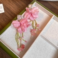 Detailed view of pink fabric flower earrings with sparkling crystal tassels. - Pink (74# Silver Post-Pink)