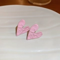 Detailed macro view of pink textured heart-shaped stud earrings on a white plate - Style 22 (22# Silver Post - Pink-Heart)