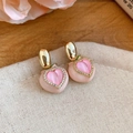 Detail view of sweet pink peach stud earrings with rhinestone borders and gold accents. - Style 33 (33# Silver Post - Gold-Pink)