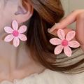 Detailed view of handmade pink woven flower earrings for a sweet and stylish vacation look. - Style 36 (36# Steel Post - Pink)