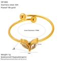 Detail view of 18K gold plated stainless steel adjustable ring with zircon inlay features - Leaf Shape Style (SR188G) / Gold