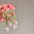 Sweet pink rose drop earrings featuring green beaded leaves and crystal flower tassels - Pink Green (83# Silver Post-Pink-Green)