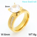 Elegant gold stainless steel ring with 8mm round stone and 4-prong setting, 6mm width - Size 5 / Gold