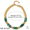 Detailed macro view of a chunky gold and green acrylic link necklace with specifications - 41+6cm Length 13mm Width / Green Marble Patchwork Necklace (NB-N1501)
