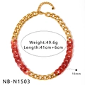 Chunky gold-tone metal and translucent red resin spliced link chain necklace for women - 41+6cm Length 13mm Width / Red-Orange Patchwork Necklace (NB-N1503)