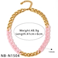 Trendy gold and pink acrylic chunky chain necklace, 13mm width, adjustable clasp. - Pink Marble Patchwork Necklace (NB-N1504)