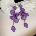 Close-up of elegant purple floral tassel earrings featuring multi-layered matte petals - Silver Earring Post Regular Style (62#) / Purple