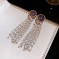 Detailed view of elegant purple stud earrings with long white pearl tassel fringes - 41# Artificial Pearl Tassel Style (Silver Earring Post) / Purple/Gold/White