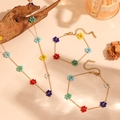 Detailed view of colorful beaded flower necklace and bracelet set in stainless steel - Colorful Solid Flower Bead Necklace-Bracelet-Anklet