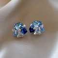 Elegant French vintage Monet Garden style blue crystal earrings with pearls and butterfly motif - Silver Needle Style (65#)