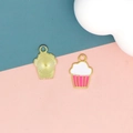 Close-up front and back detail of pink cupcake enamel charm for DIY jewelry making - 1 Pink Dessert