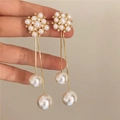 Gold-plated pearl drop earrings with long chain tassels and sparkling floral studs - Square Flower Cluster Pearl Tassel Earrings (72-Silver Earring Post)