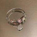 Silver beaded bracelet with pink gemstone charms and iconic cartoon kitty pendant - Exquisite Beaded Style (B1072)