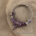 Silver snake chain bracelet with purple glass beads and butterfly charms for women - Exquisite Beaded Style (B1077)