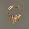 Gold-plated cable charm bracelet with pink heart gemstone and royal crown pendants - Exquisite Beaded Style (B1089—1)