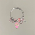 Silver bead bracelet with pink Labubu rabbit charm and sparkly heart star pendants - Exquisite Beaded Style (B1085-2)