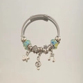Handcrafted music theme stainless steel charm bracelet with teal glass beads - Exquisite Beaded Style (B1067-1)