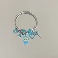 Silver bead bracelet with blue charms, star and rabbit mascot on wire band - Exquisite Beaded Style (B1085-3)