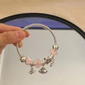 Handmade nautical steel wire bracelet with pink beads, anchor and sailboat charms - Exquisite Beaded Style (B1063)
