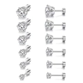 Silver stainless steel crown stud earring set with six-claw round cubic zirconia - Silver Tone White Zircon Flat Back (4mm)