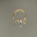 Golden woven steel multi-layer bracelet featuring blue star and flower charms - Exquisite Beaded Style (B1057-2)
