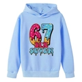 Light blue boys hoodie with creative number 67 and donut art print on white background - 100cm / Light Blue